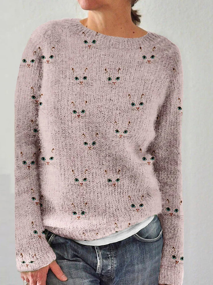 Cozy sweater with round neckline and cute cat face print