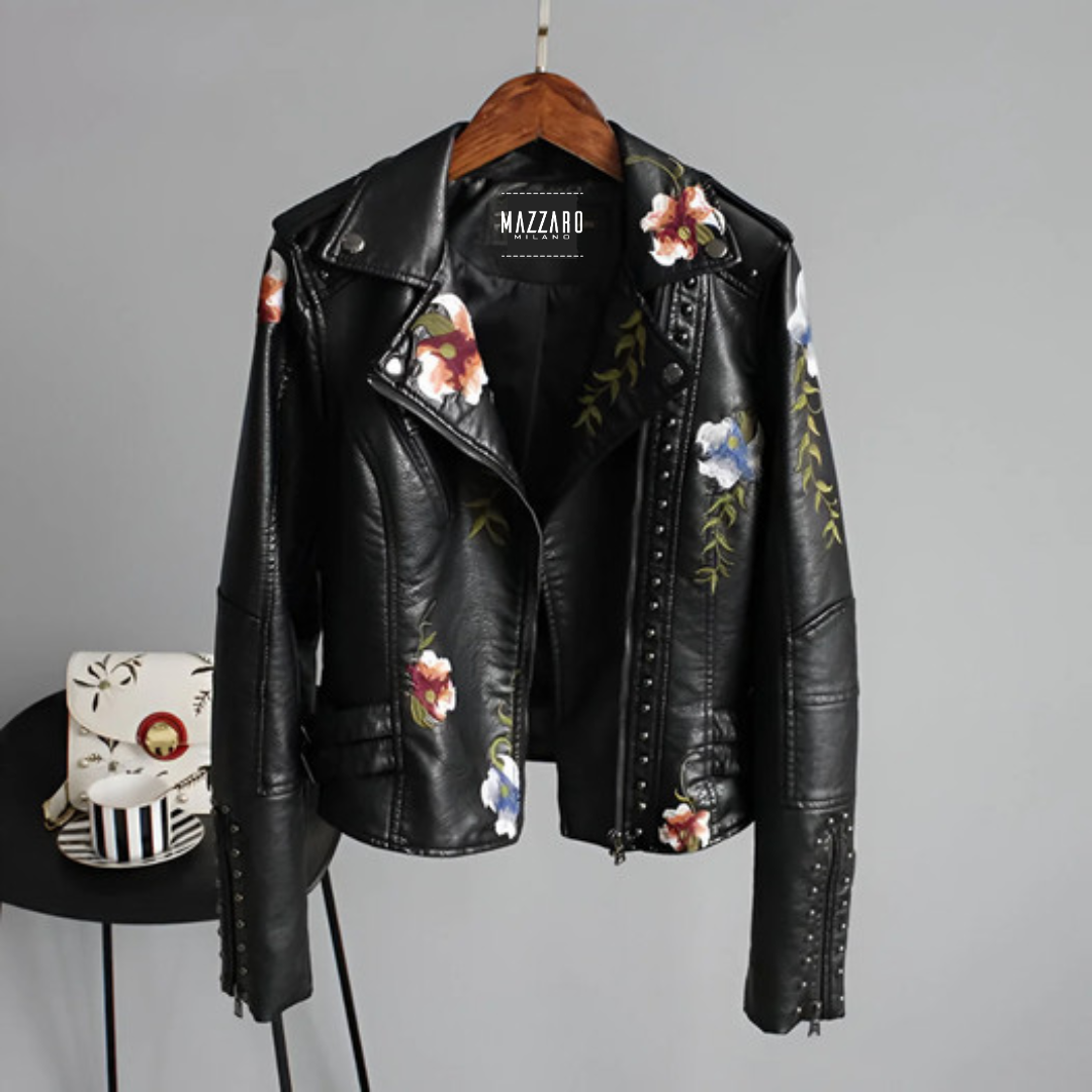 EMILIA-CALOU LEATHER JACKET WITH RETRO FLORAL EMBROIDERY