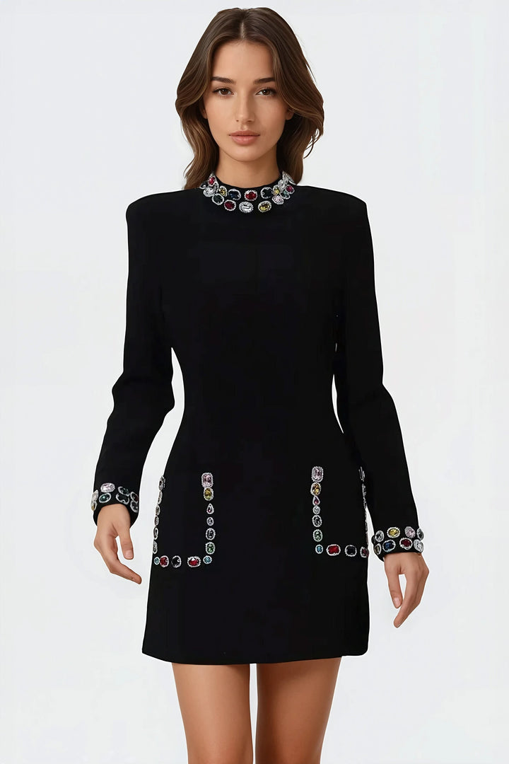 Stella - Mini dress with high collar embellished with jewels - Black