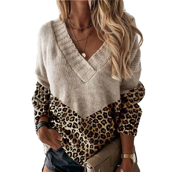 Le Clair™ | V-Neck Leopard Sweater with Color Blocks