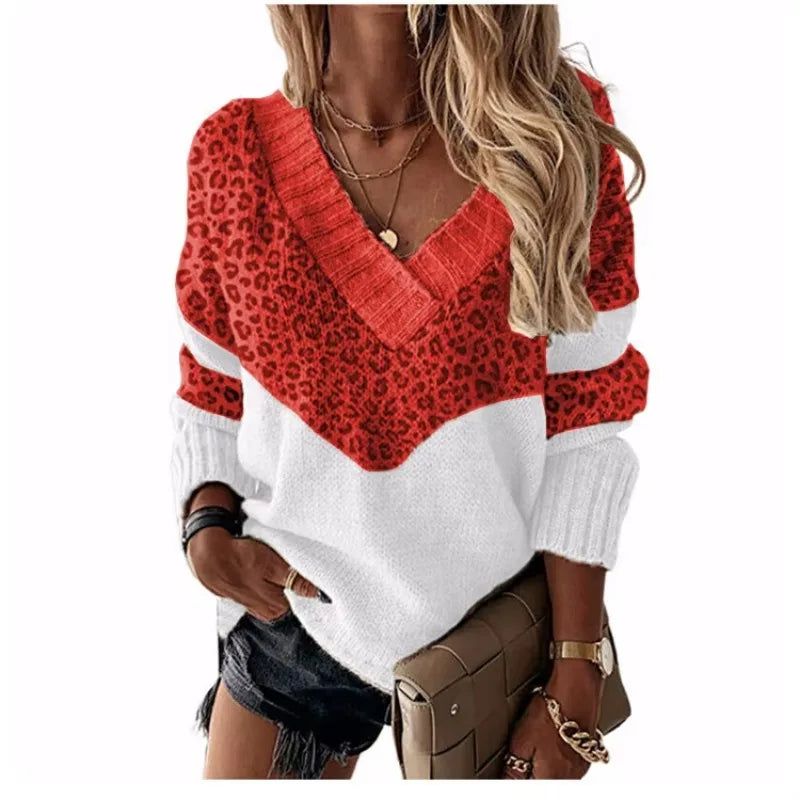 Le Clair™ | V-Neck Leopard Sweater with Color Blocks