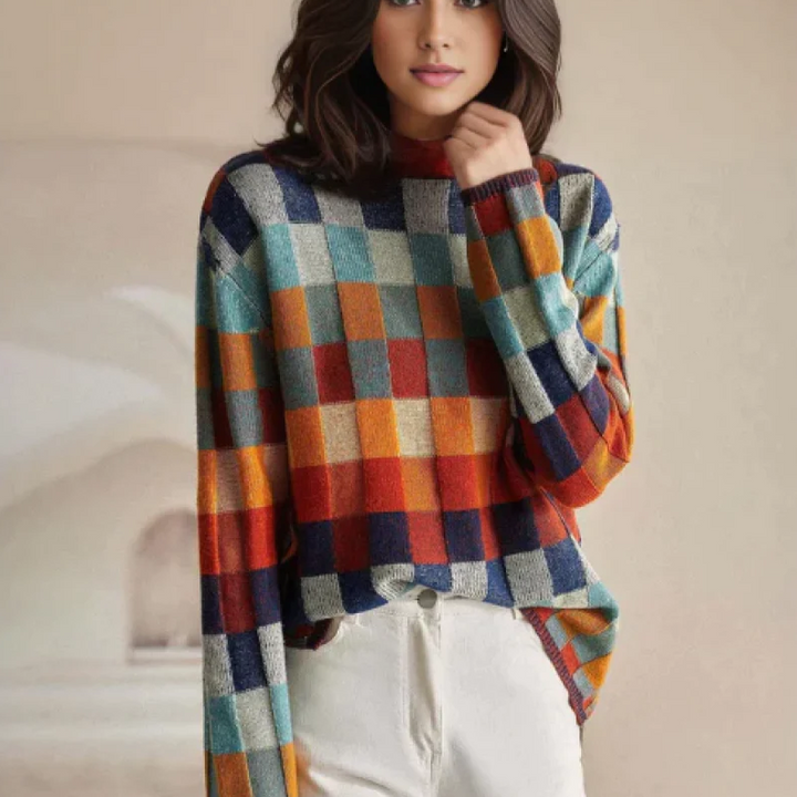 PENELOPE™ | PATCHWORK CASHMERE SWEATER WITH HIGH NECK