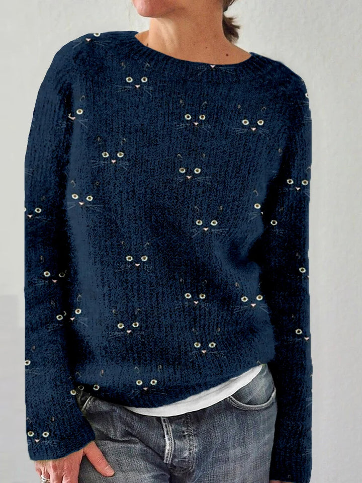 Cozy sweater with round neckline and cute cat face print